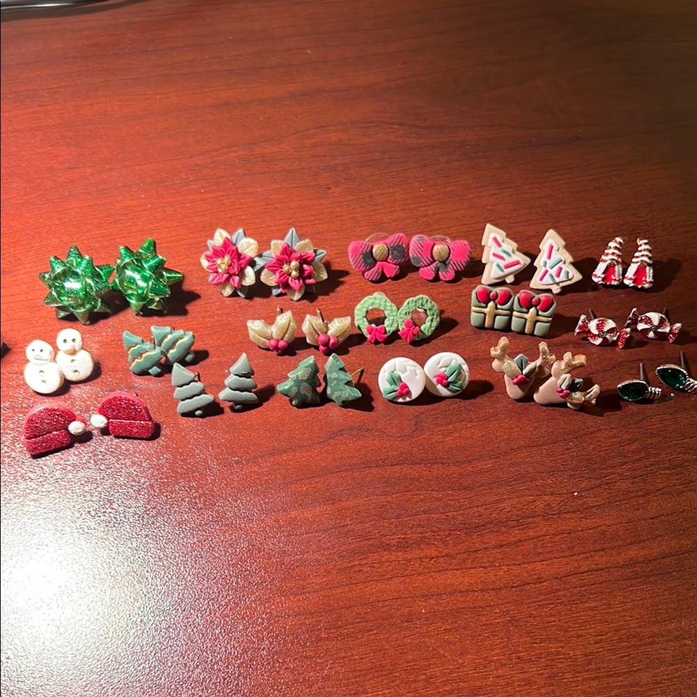 Christmas Holiday Stud Set Metal and Clay Lightweight and Handmade 17 Pair Lot